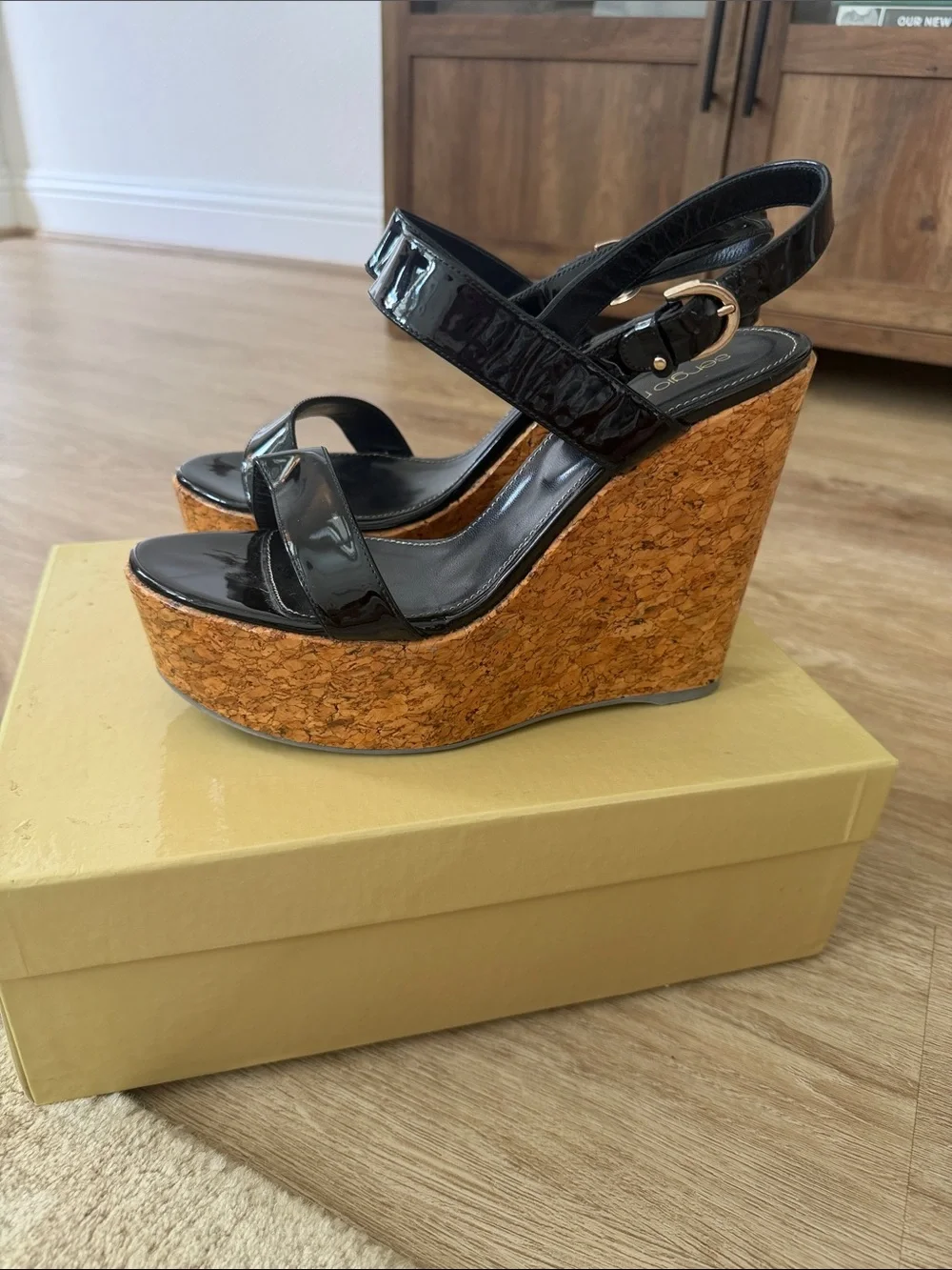 Sergio Rossi Black Patent Cork Wedge Sandals